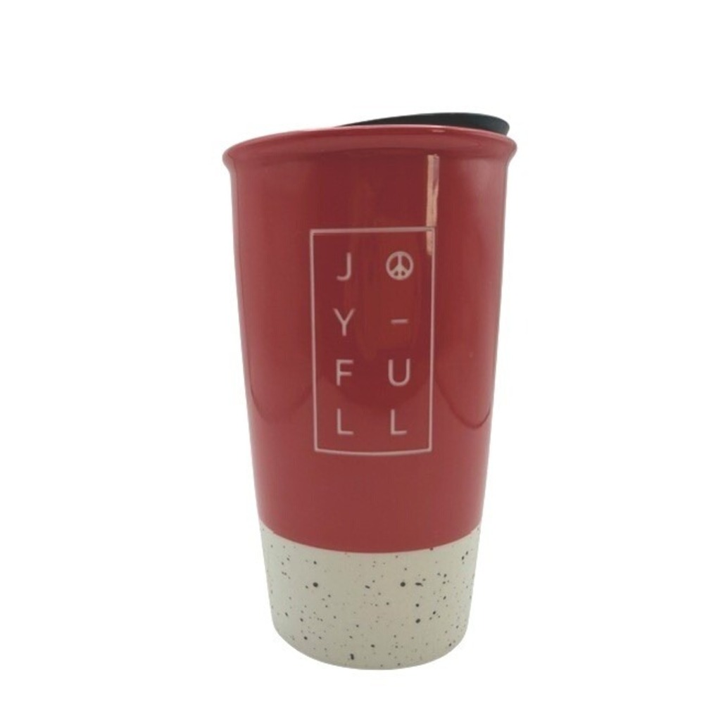 Starbucks Red Speckled Joyfull Peace Sign Ceramic Travel Tumbler Mug 12oz New